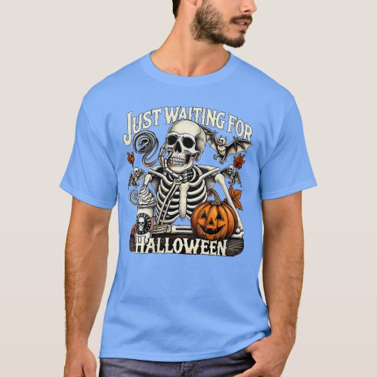 ハロウィーンのスケルトンコーヒーを待つ女性 Tシャツ (正面)