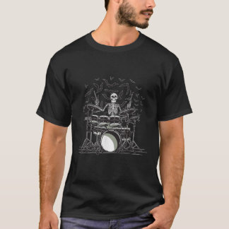 ハロウィーンのスケルトンドラマーのドラムセット怖い Tシャツ