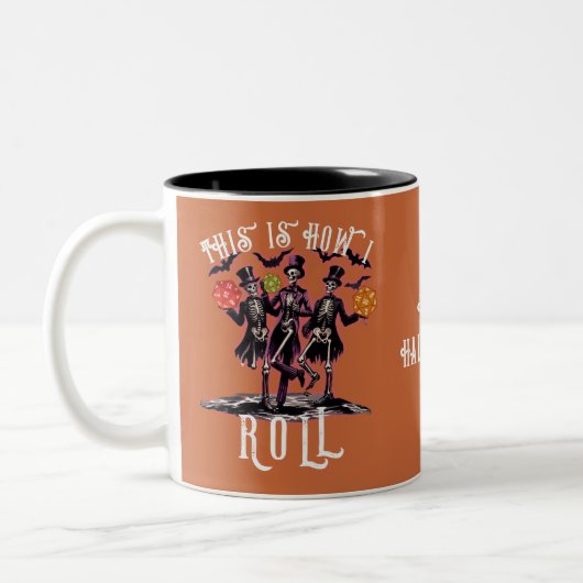 ハロウィーンのスケルトン私がゲーマー転がのサイコロ ツートーンマグカップ (左)