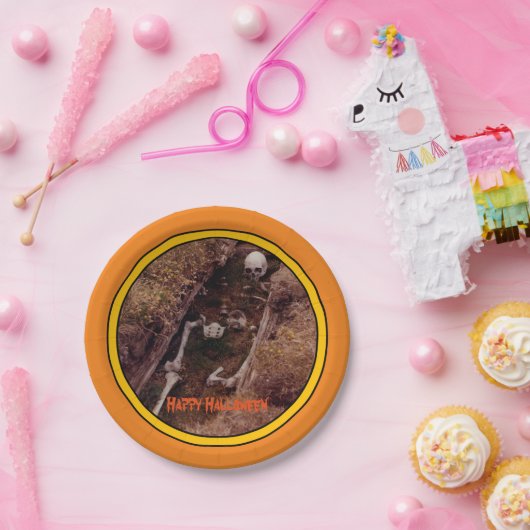 ハロウィーンのスケルトン骨の怖い写真のデザイン ペーパープレート (パーティー)