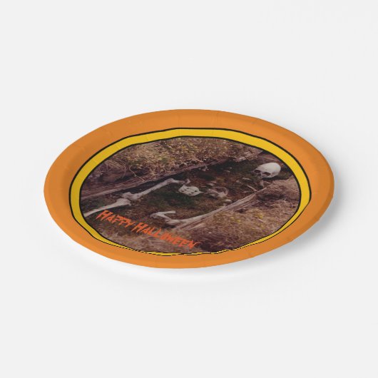 ハロウィーンのスケルトン骨の怖い写真のデザイン ペーパープレート (アングル)