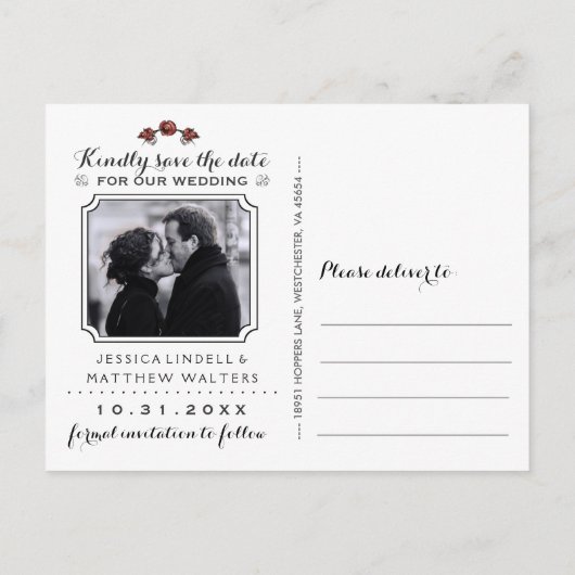 ハロウィーンのスケルトン黒いグレーのハート写真の背面 案内ポストカード (裏面)