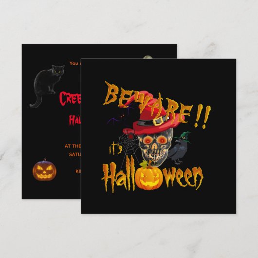 ハロウィーンのゾッとする怖いパーティーバッシュにご注意 招待状 (正面/裏面)