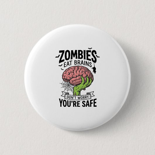ハロウィーンのゾンビに脳を食べられる?大丈夫だよ!デザイン 缶バッジ (正面)