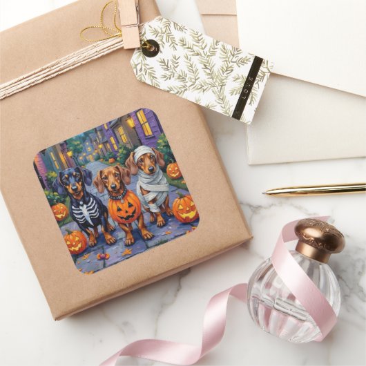 ハロウィーンのダックスント犬のトリックまたは治療 スクエアシール (ギフト)