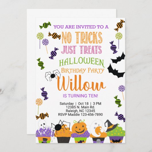 ハロウィーンのトリックは単に誕生日招待状を扱う。 招待状 (正面/裏面)