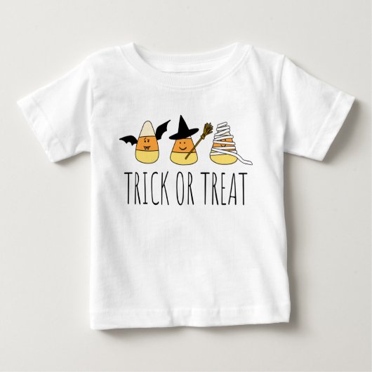 ハロウィーンのトリックまたはキャンディーコーンを扱う ベビーTシャツ (正面)