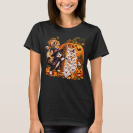 ハロウィーンのドアサプライズ: 猫、犬、幽霊 Tシャツ
