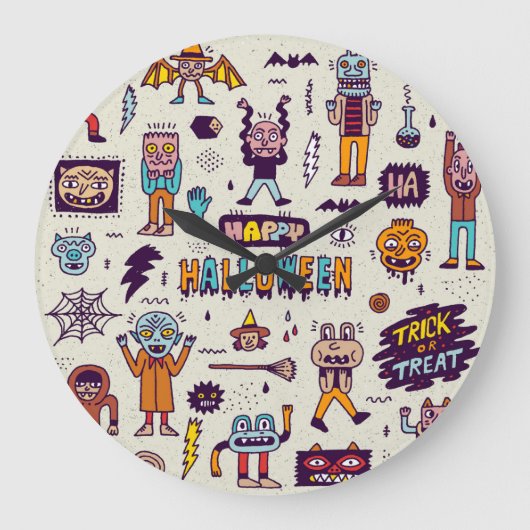 ハロウィーンのドードル、風変わりな漫画のシームレスなセット。 ラージ壁時計 (正面)