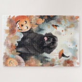 ハロウィーンのニューファンドランドとカボチャ怖い ジグソーパズル (横)