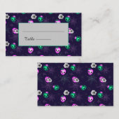 ハロウィーンのネオンピンクと緑の白熱［赤熱］光を放つスカルプラック プレイスカード (正面/裏面)