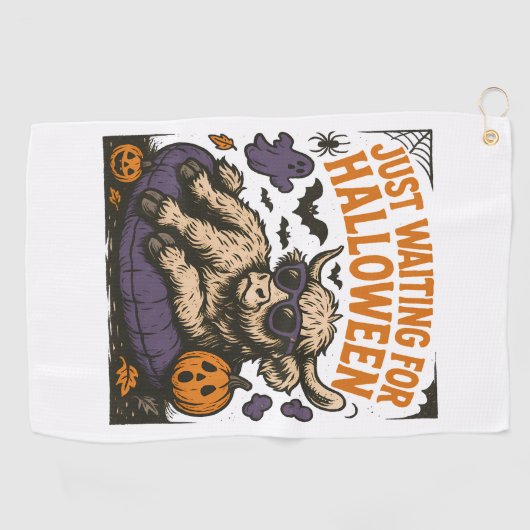 ハロウィーンのハイランド・カウズを待っている ゴルフタオル (横)