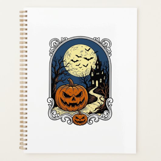 ハロウィーンのビンテージ・ベクターアート かぼちゃの幽霊のシーン プランナー手帳 (正面)