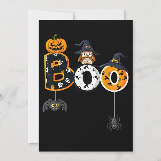 ハロウィーンのフクロウにおばけコスプレ 魔女帽子と蜘蛛 招待状 (正面)