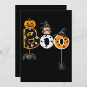 ハロウィーンのフクロウにおばけコスプレ 魔女帽子と蜘蛛 招待状 (正面/裏面)