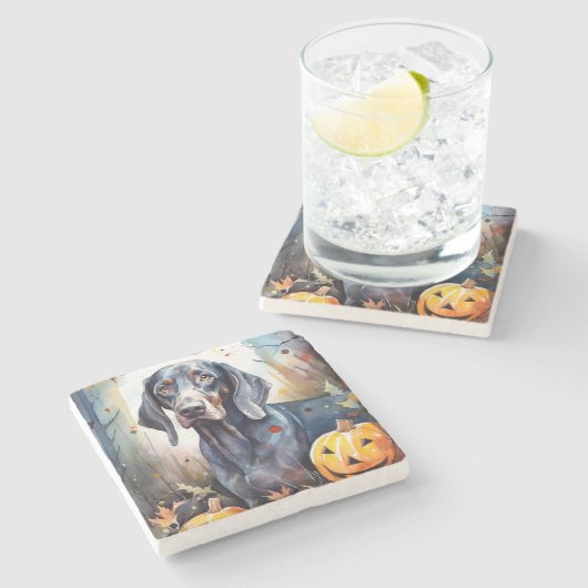 ハロウィーンのブルーティックがカボチャ怖い ストーンコースター (横)