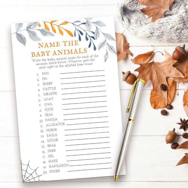 ハロウィーンのベビーアニマル赤ちゃんシャワーゲーム (Baby Animals halloween themed baby shower game with fall leaves and cobweb)