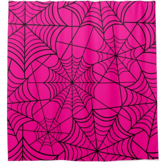 ハロウィーンのホットピンクスパイダーウェブ シャワーカーテン (正面)