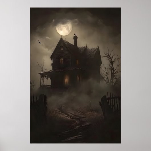 ハロウィーンのホラー壁画、魔女のプリント、幽霊の家のアート ポスター (正面)