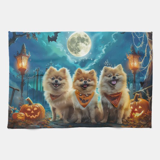 ハロウィーンのポメラニアン オバケ キッチンタオル (横)