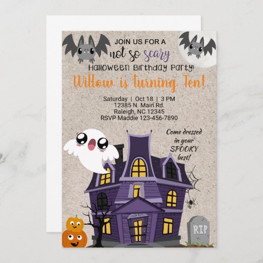 ハロウィーンのマンションはそれほど怖くない誕生日招待状。 招待状 (正面/裏面)