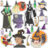 ハロウィーンのモダン魔女とヴィンテージアート シール (正面)