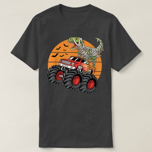 ハロウィーンのモンスタートラッククラッシュ恐竜T Tシャツ (デザイン正面)