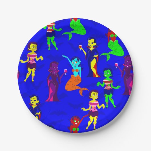 ハロウィーンのモンスターマーメイド吸血鬼ゾンビ女 ペーパープレート (正面)