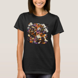 ハロウィーンのヨガ・パグと猫がいるお化けキッチン Tシャツ