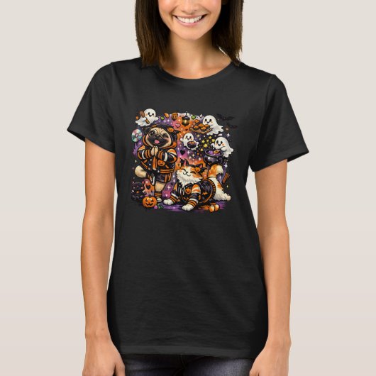 ハロウィーンのヨガ・パグと猫がいるお化けキッチン Tシャツ (正面)