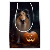 ハロウィーンのラフコリーとカボチャ怖い ミディアムペーパーバッグ (正面)