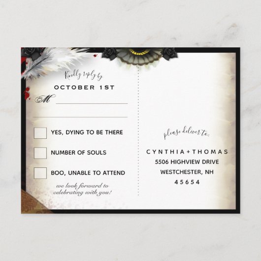 ハロウィーンのラブレターマッチングRSVPポストカード インビテーションポストカード (裏面)