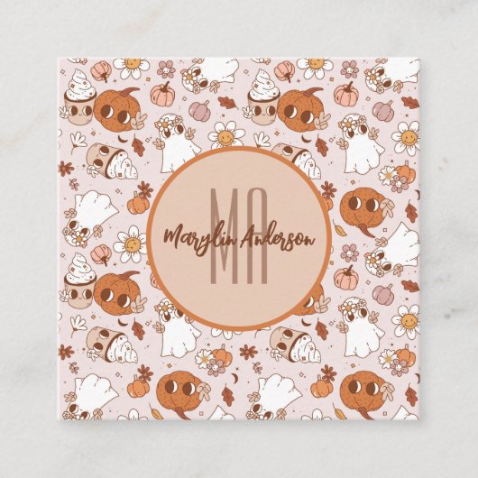 ハロウィーンのレトログルーヴィなカボチャと幽霊たち スクエア名刺 (正面)