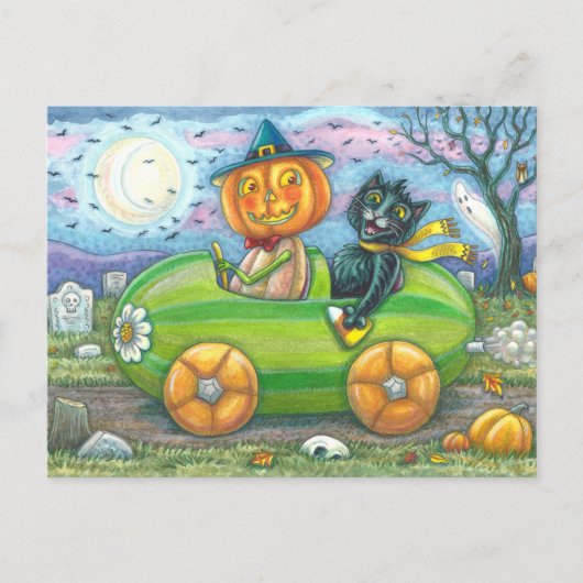 ハロウィーンのロードトリップ、ジャックと黒猫の友人 シーズンポストカード (正面)