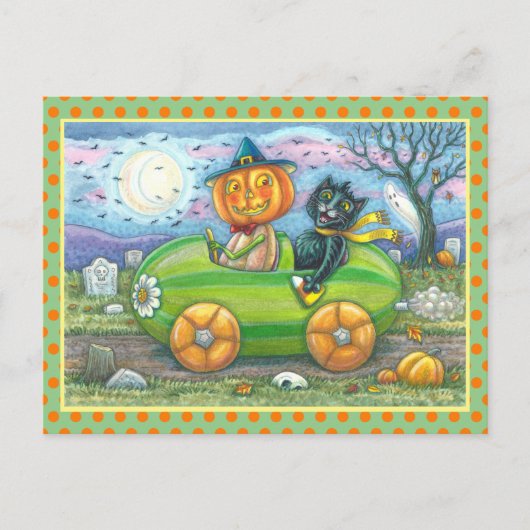 ハロウィーンのロードトリップ、ジャックと黒猫の友人 シーズンポストカード (正面)