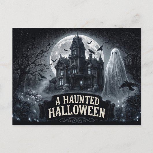 ハロウィーンのヴィンテージゴシックイラスト お化け屋敷 ポストカード (正面)