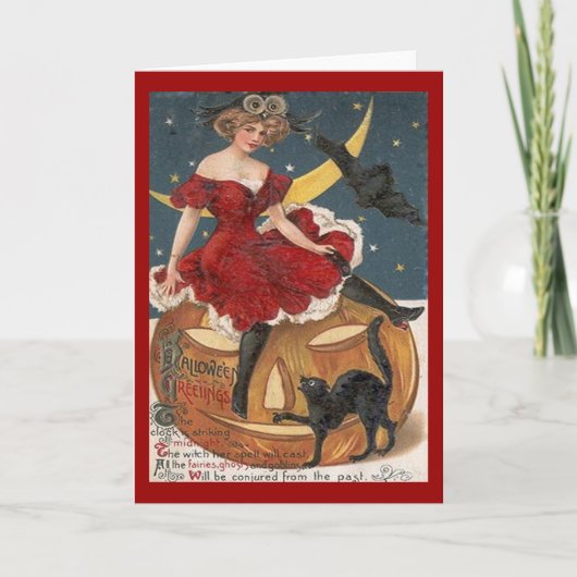 ハロウィーンのヴィンテージレディ・イン・レッド・オン・ジャック・ランタン カード (正面)