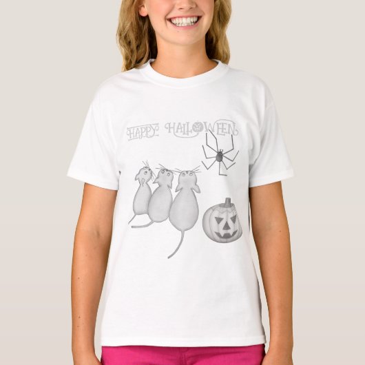 ハロウィーンの三匹の猫、かぼちゃ、蜘蛛 Tシャツ (正面)