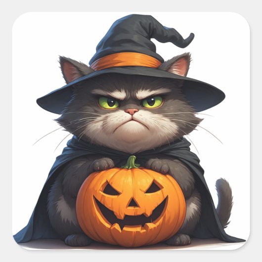ハロウィーンの不機嫌な猫がカボチャのランタンを掲げる 🎃 スクエアシール (正面)