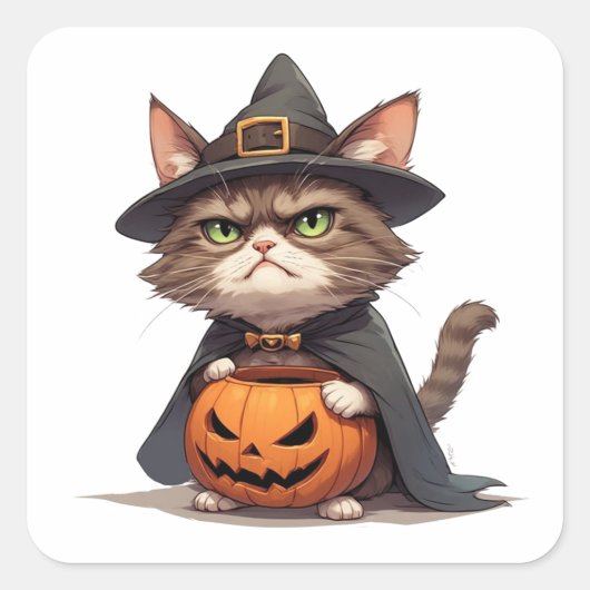 ハロウィーンの不機嫌な猫とジャック・オ・ランタンの友達 🎃 スクエアシール (正面)