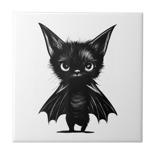 ハロウィーンの不機嫌な黒い子猫のこうもり衣装 タイル (正面)