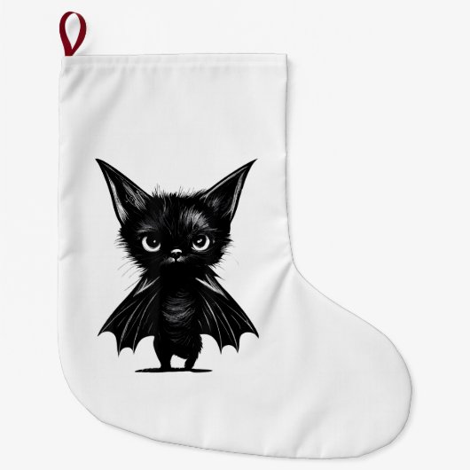 ハロウィーンの不機嫌な黒い子猫のこうもり衣装 ラージクリスマスストッキング (正面)