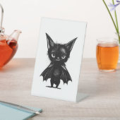 ハロウィーンの不機嫌な黒い子猫のこうもり衣装 台座サイン (インサイチュ)