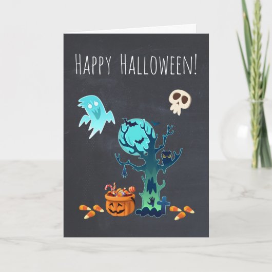 ハロウィーンの不気味で怖いゴースト、コウモリ、ドクロ、お菓子 カード (正面)