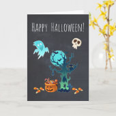 ハロウィーンの不気味で怖いゴースト、コウモリ、ドクロ、お菓子 カード (黄色い花)