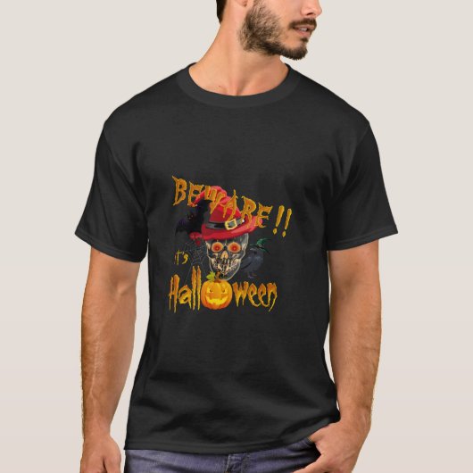 ハロウィーンの不気味なウィッチースカルに注意 Tシャツ (正面)