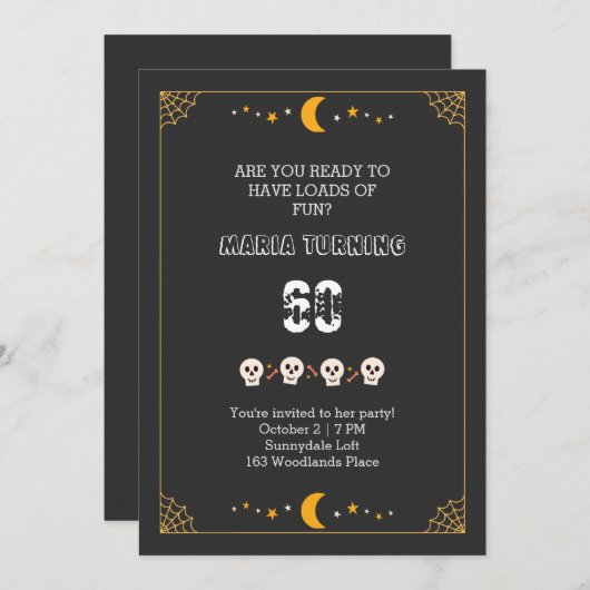 ハロウィーンの不気味なスカルブラック60th誕生日のinvita 招待状 (正面/裏面)