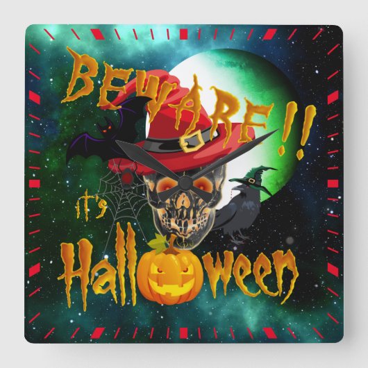 ハロウィーンの不気味なスカル&ムーンに注意 スクエア壁時計 (正面)