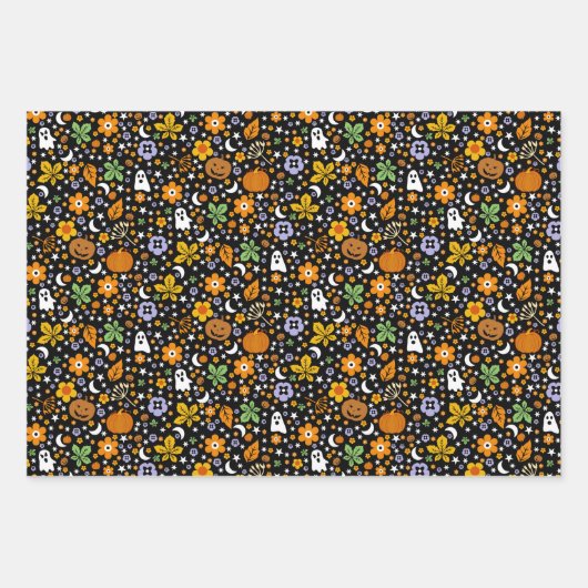 ハロウィーンの不気味な幽霊とオレンジ色のカボチャ ラッピングペーパーシート (正面3)