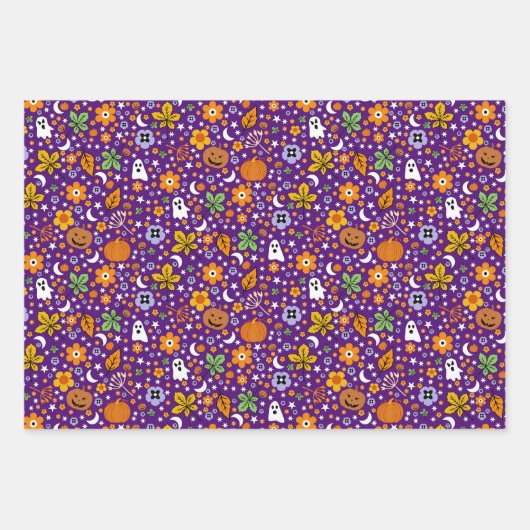 ハロウィーンの不気味な幽霊とオレンジ色のカボチャ ラッピングペーパーシート (正面2)